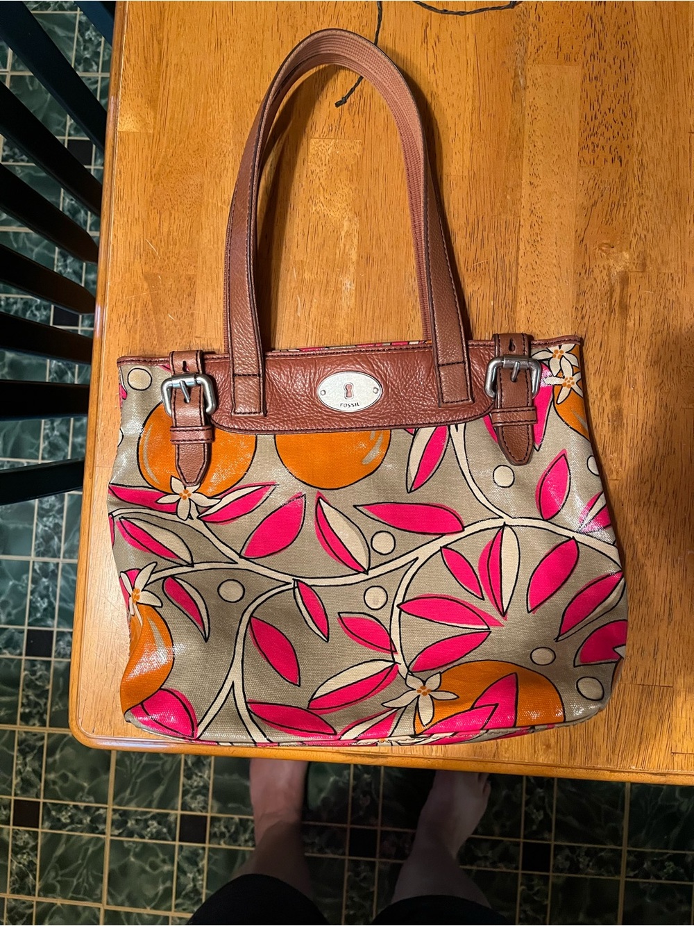Fossil Canvas Floral Tote in Pink, Orange & Brown